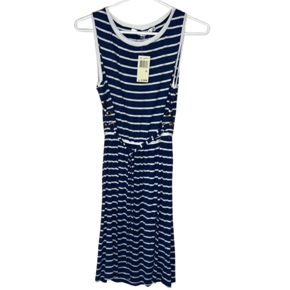 Max Studio Blue and White Striped Sleeveless Belted Summer Dress Size Medium NWT